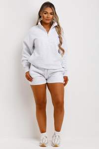 100 % Cotton <b>Grey</b> Marl 2 Piece <b>Women's</b> Half Zip Sweatshirt & <b>Shorts</b> Tracksuit Set <b>Women</b> Breathable Tracksuit Set Two Piece Set - Product Image 4