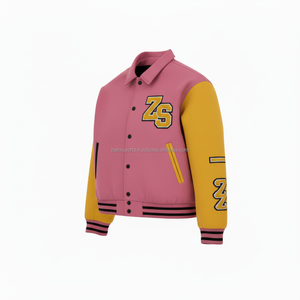 Veste universitaire en mélange de laine avec manches en cuir PU souple, veste universitaire en chenille à logo personnalisé jaune rose pour hommes - Product Image 3