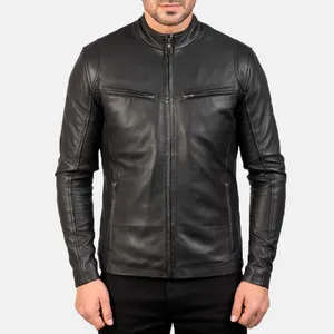 Real Leather Sheepskin Aniline Zipper Iconic Black Men Biker Jacket with Quilted Viscose Lining and Inside Outside Pockets