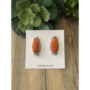 Navajo Made Vintage Apple Coral & <b>Sterling</b> <b>Silver</b> <b>Stud</b> <b>Earrings</b> - Product Image 1
