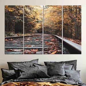 Impresión en lienzo de vías de tren de otoño: elegante decoración de pared con paisaje, JUEGO DE 4 LIEÑOS - Product Image 1