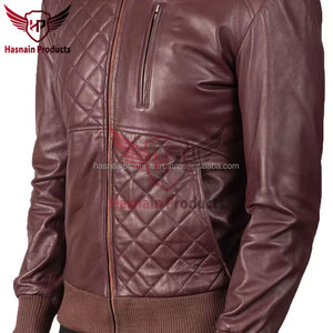 Chaqueta Bomber de Cuero Genuino para Hombre, Color Granate, con Paneles Acolchados, Cuello Alto, Cremallera, Bolsillo en el Pecho, Piel de Oveja, Estilo Biker, Personalizada - Product Image 6