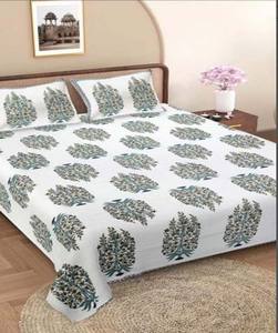 Sábana blanca y verde de algodón puro hecha a mano india con dos fundas de almohada tela hecha a mano impresa para decoración de dormitorio para uso doméstico - Product Image 2