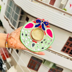 ไฟตกแต่งทำด้วยมือของขวัญคืนงานแต่งงานของ Puja Thali สำหรับแขก Diya สำหรับบ้าน Gota ทำงานผ้า thali บรรยากาศโรแมนติก - Product Image 1