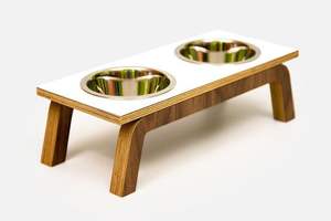 Eco-Friendly Pet Feeding Station Modern Solid Bamboo <b>Stand</b> with Ceramic Water Bowl and <b>Charging</b> Feature - Product Image 3