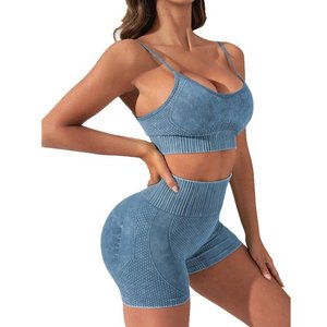 ชุดออกกำลังกายสำหรับผู้หญิงกางเกงขาสั้นยกเอวสูงชุดเล่นโยคะฟิตเนสมัดย้อมไร้ตะเข็บชุดออกกำลัง - Product Image 5