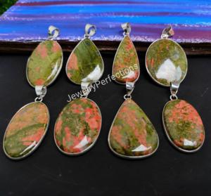 Elegante collar de ajuste de bisel de plata esterlina chapada en plata para mujer con joyería fina de Unakite, colgantes de corte princesa para - Product Image 1