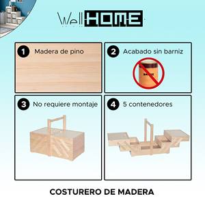 Caja de Costura WELL HOME de Madera de Pino Vintage con Acabado Sin Barnizar para Manualidades - Product Image 2