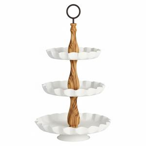Support de service à trois niveaux au design unique, revêtement en poudre blanche, métal et bois de manguier, plateau de présentation pour gâteaux, desserts, fruits, pour un usage domestique - Product Image 1