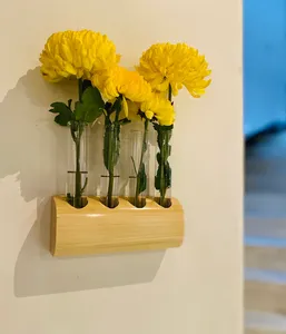 Stylish and Classy Decor <b>Glass</b> Tube <b>Flowers</b> <b>Vase</b> with Wooden Holder Natural Finished Wooden and <b>Glass</b> Tube Tabletop Holder - Product Image 5