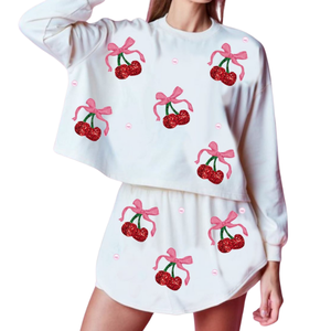 2025 Valentine's Day Premium Quality <b>Fabric</b> 2 Piece Sweatshirt & Skort Sets 2024 Custom Sequin and Pearl Work for Women - Product Image 1