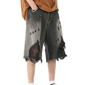 Pantalones cortos vaqueros lavados a prueba de viento de pierna ancha de cintura media, ropa de calle holgada con lavado ácido, pantalones cortos de mezclilla de Hip Hop desgastados rasgados - Product Image 6