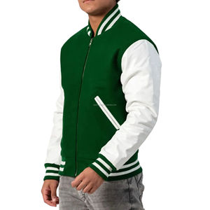 Blouson Bomber Unisexe Style Universitaire Entièrement Zippé, Corps en Laine, Manches en Similicuir, Col Rond, Patchwork, Écologique, Rétro, Style Athlétique Américain - Product Image 3