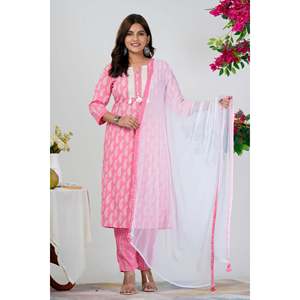 Conjunto de Kurta Tradicional India para Niñas con Estampado Paisley Rosa y Dupatta Blanca, Traje Bordado de Algodón y Seda para Fiestas - Product Image 3