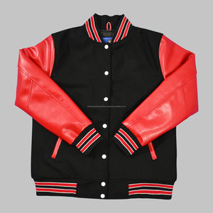 Corps en laine de haute qualité et manches en cuir de vache véritable conception personnalisée veste Varsity Letterman rouge et noir veste Varsity unisexe - Product Image 1