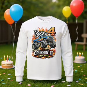 Maglietta a maniche lunghe Monster Truck per compleanno 2022 per bambini di 4 anni, maglietta promozionale per la festa del 4° compleanno - Product Image 3