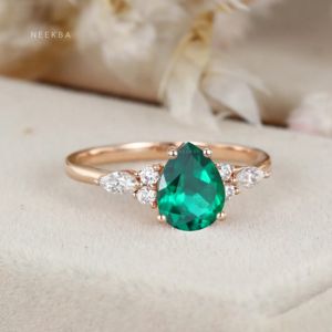 Estilo Art Deco 8*6mm corte de pera anillo de compromiso de Esmeralda cultivada en laboratorio en plata de ley 925 forma de pera anillo solitario anillo de bodas - Product Image 2