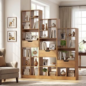 Modern Narrow Tall Bookshelf with Drawer Wooden Bookcase Open Display <strong>Shelf</strong> Storage <strong>Unit</strong> for Small Spaces Living Room Corner - Product Image 4