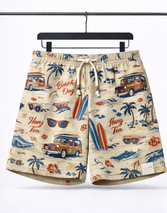 กางเกงชายหาดผู้ชายแบบสั่งทำพิเศษ – กางเกงขาสั้นลำลองพิมพ์ลายวินเทจเอวยางยืดพร้อมเชือกผูก (สีเบจ) - Product Image 1
