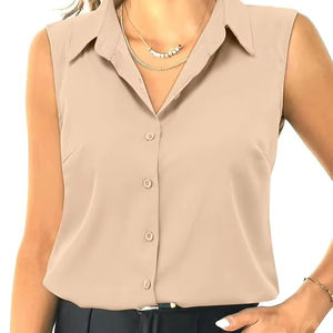 Camisa sin mangas con botones para mujer Tops cuello en V blusas informales de negocios con cuello camiseta sin mangas 2025 - Product Image 6