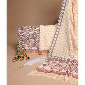 ชุดสูทผ้าฝ้ายสำหรับผู้หญิง ลายบล็อกพิมพ์ พร้อมผ้าคลุมไหล่ สไตล์ดั้งเดิมสุดหรู - Product Image 1