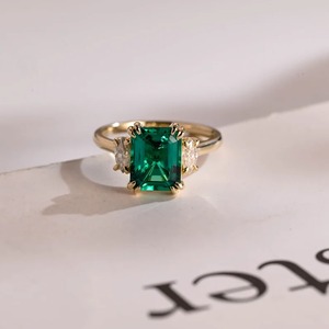 Vintage Bridal Engagement <b>Ring</b> Gold <b>Emerald</b> Three Stone Prong Setting Anniversary/Birthday Gift for Her Third Party Certified - Product Image 1