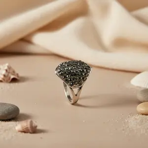 Adjustable 18K Gold Rhodium Plated Trendy Hip-Hop Style Silver <b>Black</b> Gemstone Cocktail <b>Ring</b> for <b>Women</b> Claw Inlay Alloy Material - Product Image 2