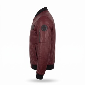 Veste en cuir véritable pour homme, manteau tendance, bomber en cuir de mouton avec patchs, couleur vin - Product Image 5