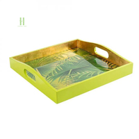 Plateau de service élégant en bambou laqué, fait main, motif floral, finition or vert écologique, décoration pour la maison et la cuisine, cadeaux du Vietnam