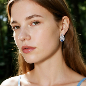 Luxury Pear Cut Blue Sapphire <b>Stud</b> Earrings for Women White Gold Plated Diamond Pave Fan Shape Wedding Bridal Jewelry - Product Image 4