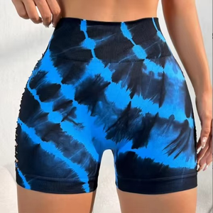 Pantalones cortos deportivos Tie-Dye para mujer Pantalones cortos de Yoga de tres cuartos para levantamiento de cadera de malla hueca - Product Image 6