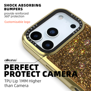 Aikusu <span class=keywords><strong>Gold</strong></span> Custom Rhinestone Fabric Crystal Elegance Phone Case para <span class=keywords><strong>iPhone</strong></span> 17 16 15 14 <span class=keywords><strong>13</strong></span> Air Plus <span class=keywords><strong>Pro</strong></span> <span class=keywords><strong>Max</strong></span> - Product Image 3