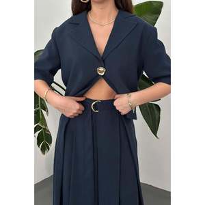 Navy Blue Single-Button Short Jacket and Skirt <b>Set</b> - Navy Blue - Product Image 4