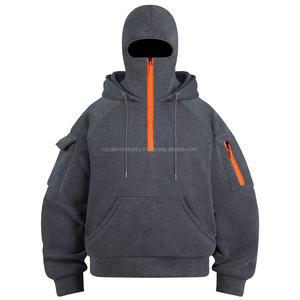 Sweat à capuche décontracté pour homme, imprimé personnalisé, en molleton délavé, uni, multi-poches, demi-zip, double capuche, 360g, automne-hiver, style streetwear - Product Image 1