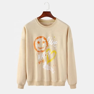 Sweat-shirts à col rond surdimensionnés de qualité supérieure pour femmes, pull décontracté en tricot avec épaules tombantes, imprimé visage souriant sur le devant - Product Image 1
