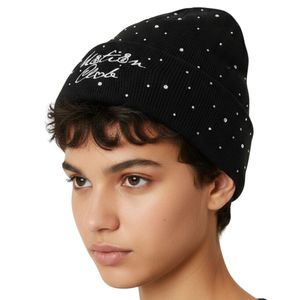Gorro de punto unisex con pedrería, negro, con cristales, para invierno, suave, elástico, estilo urbano, con dobladillo, tipo gorro calavera - Product Image 2