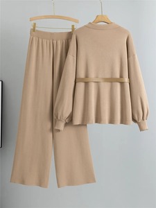 ชุดเสื้อถัก2ชิ้นแบบกระดุมแถวเดียวสำหรับผู้หญิงชุดเสื้อสเวตเตอร์แบบถักพร้อมเข็มขัดกางเกงขากว้าง - Product Image 6