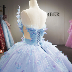 ชุดราตรีงาน Quinceanera สีน้ำเงินสไตล์วินเทจ ประดับคริสตัลและลูกปัดอย่างสวยงาม พร้อมลายผีเสื้อพิมพ์ลายแบบอิลลูชั่น  หมายเลข 6983 - Product Image 6