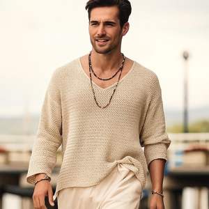 เสื้อถักผ้าฝ้าย100% น้ำหนักเบาสำหรับผู้ชาย, เสื้อถักลายสีทึบพร้อมโลโก้ด้านหน้าสไตล์ทางการป้องกันการเกิดขน - Product Image 5