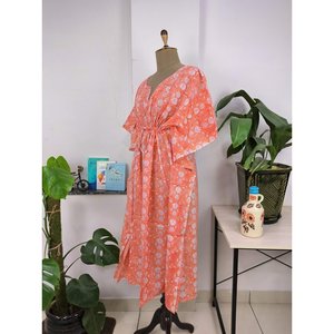 Boho Botanique Orange Sunrise Hand-Painted Indian Cotton <b>Kaftan</b> Lightweight and Breathable Swimsuit Cover Ups - Product Image 4