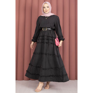 Ensemble jupe en mousseline noire XS avec détail volanté, motif uni, 2 pièces, short et haut de sport d'été - Product Image 3