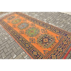 Tapis turc vintage 4,3x11,4 pieds, tapis à carreaux orange - Product Image 4