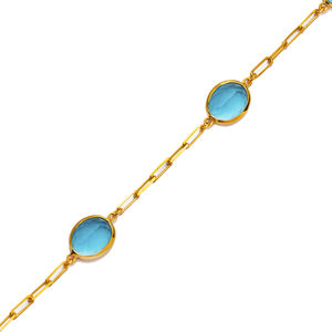 Aquamarine <b>Quartz</b> Triple Stone Oval 22K Gold Bezel Charm <b>Bracelet</b> 925 Silver Wholesale Jewelry - Product Image 3