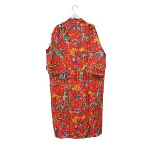 กิโมโนลายดอกไม้สำหรับผู้หญิงเสื้อคลุมสำหรับใส่ในเวลากลางคืนน้ำหนักเบาทำด้วยมือผ้าคอตตอน100% นกสีแดง - Product Image 6