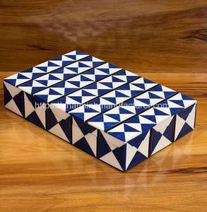 Handmade Unique Bone Inlay <b>Lacquerware</b> Jewelry Box Rectangular White and Blue Checkered for Home Table Decoration Souvenir - Product Image 5