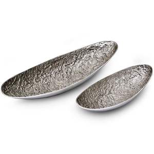 Plateau décoratif long en aluminium moulé de qualité supérieure, texturé irrégulier, fait main, en argent, avec bol central abstrait en métal - Product Image 1