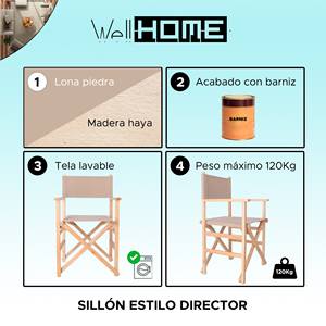 Sedia da Regista WELL HOME Grigio Pietra 51x46x86 cm in Legno di Faggio con Finitura Verniciata e Tela, Elegante e Confortevole - Product Image 2