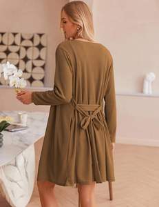 Ensemble de salon 3 pièces en tricot gaufré pour femme pyjama doux avec débardeur short cardigan avec poches longueur au genou-pour le printemps - Product Image 2