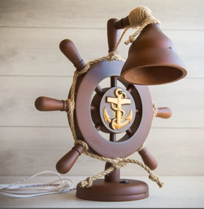 Wooden <b>Table</b> Lamp Nautical Style Steering <b>Wheel</b> <b>with</b> Carved Anchor Best Nautical Ship <b>Wheel</b> Handmade Decor - Product Image 1