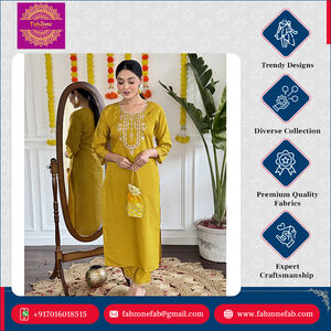 Élégant Nouveau Designer Indien et Pakistanais Vêtements Séquence Codage Broderie Travail Viscose Chanderi Kurti Pantalon Dupatta Ensemble - Product Image 2